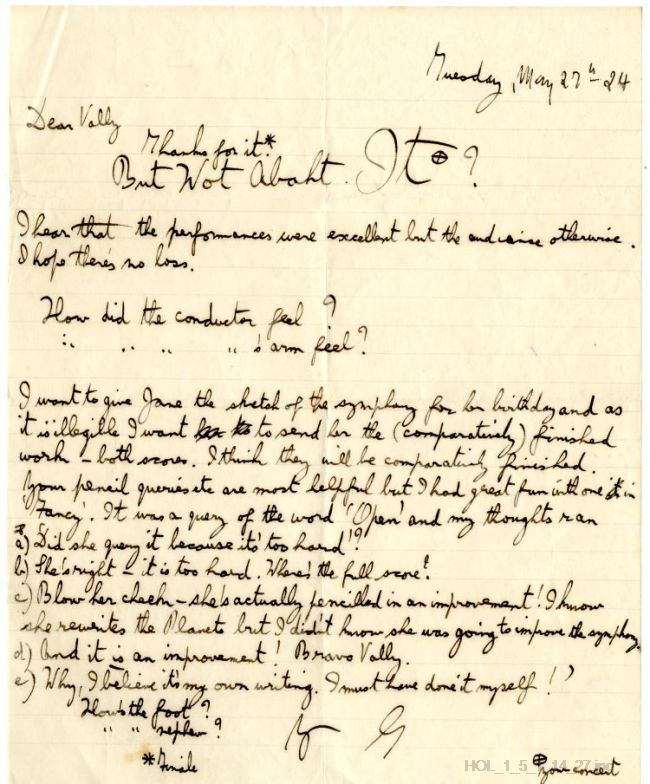 Letter from Gustav Holst to Vally Lasker