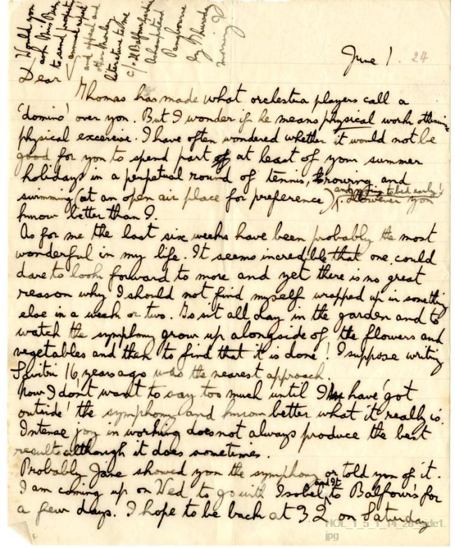Letter from Gustav Holst to Vally Lasker