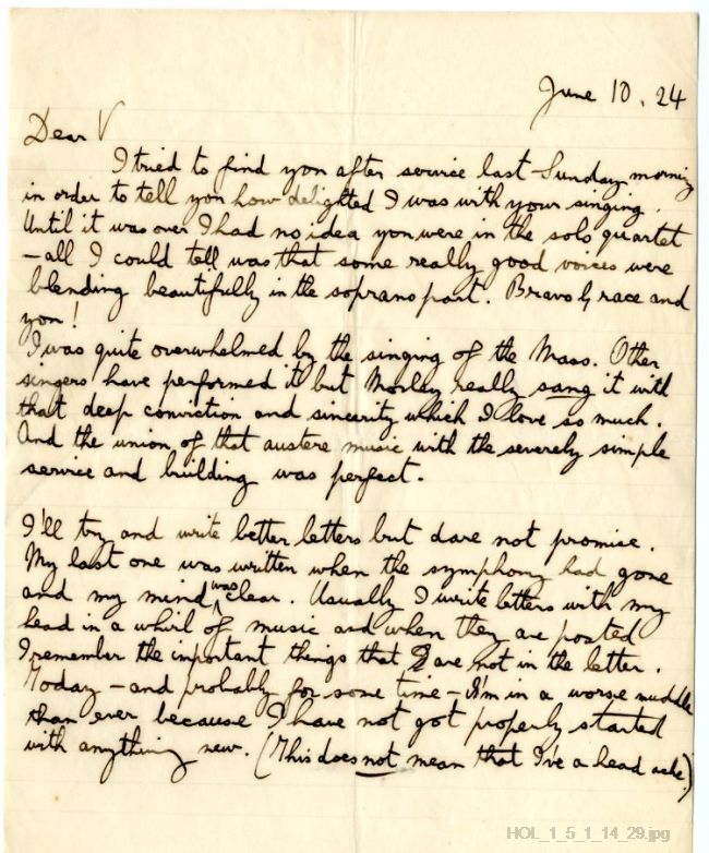 Letter from Gustav Holst to Vally Lasker