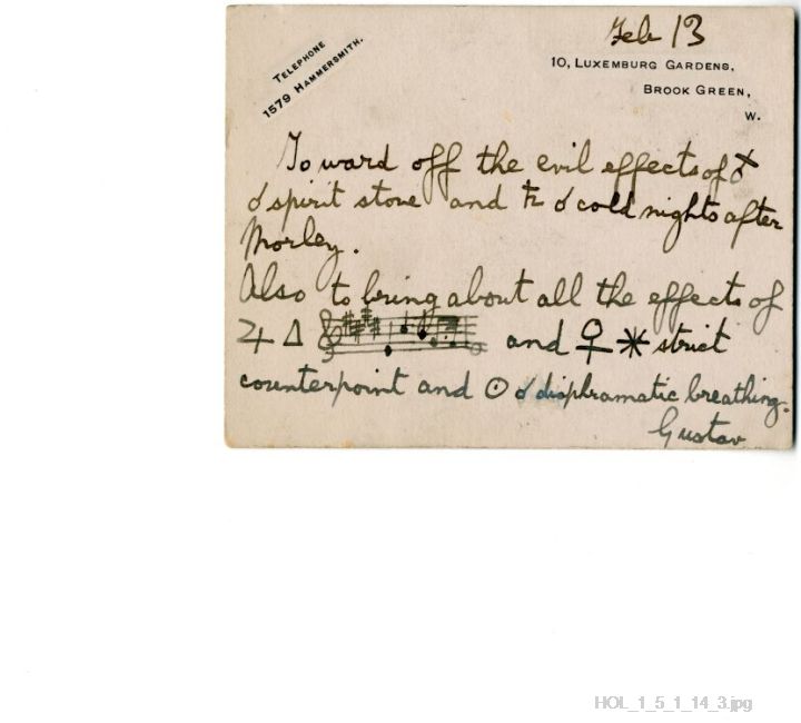 Letter from Gustav Holst to Vally Lasker