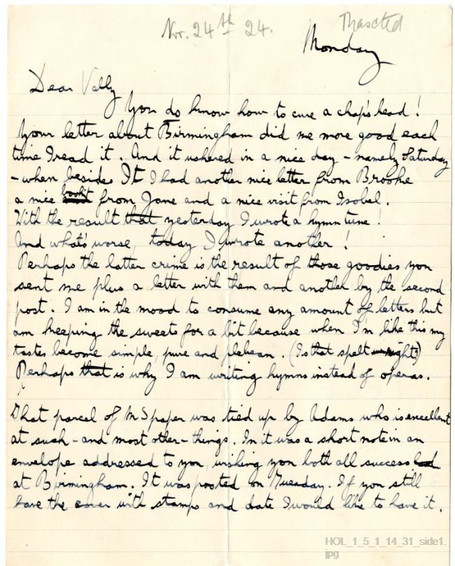 Letter from Gustav Holst to Vally Lasker