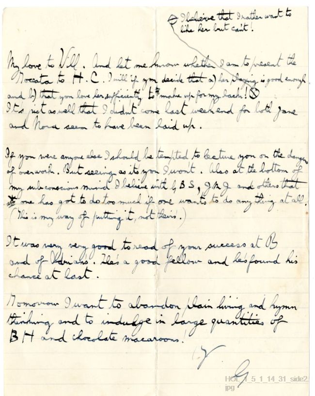Letter from Gustav Holst to Vally Lasker