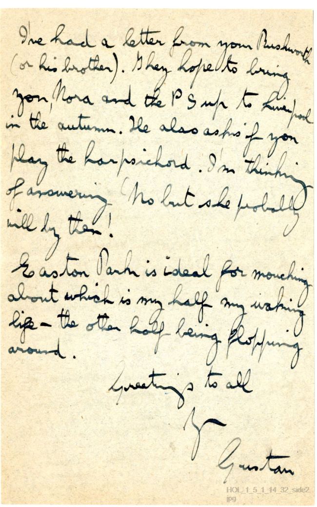 Letter from Gustav Holst to Vally Lasker