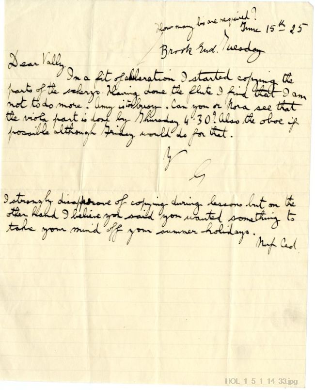 Letter from Gustav Holst to Vally Lasker