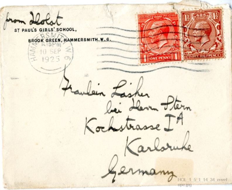 Letter from Gustav Holst to Vally Lasker