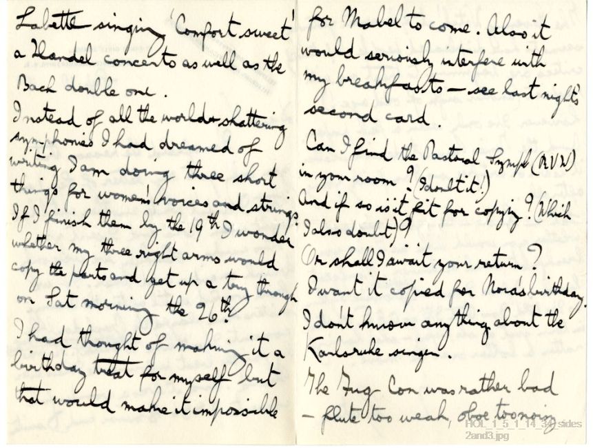 Letter from Gustav Holst to Vally Lasker