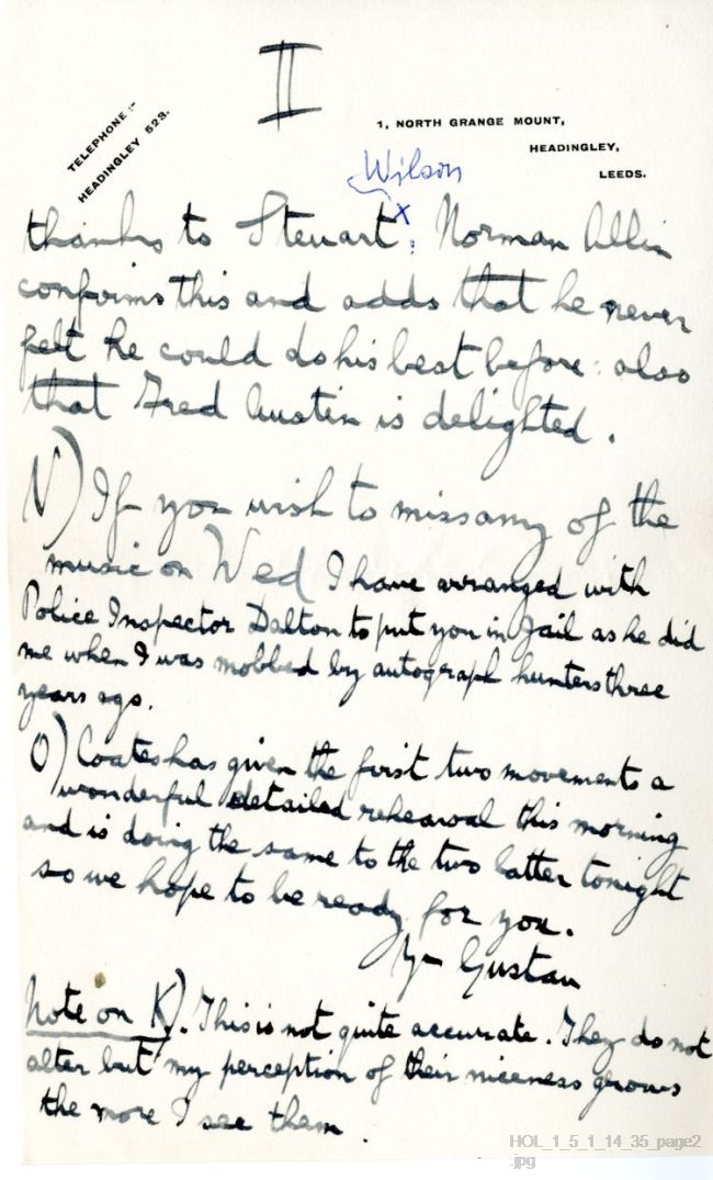 Letter from Gustav Holst to Vally Lasker