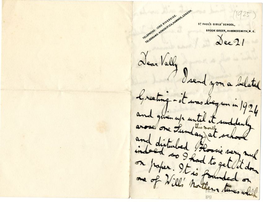 Letter from Gustav Holst to Vally Lasker