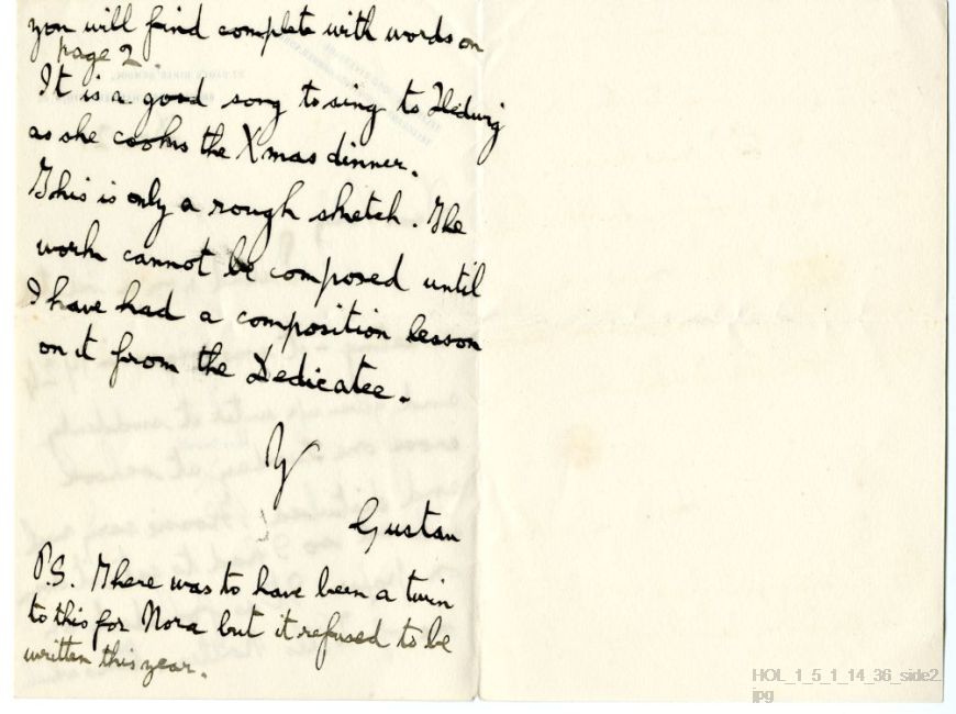 Letter from Gustav Holst to Vally Lasker