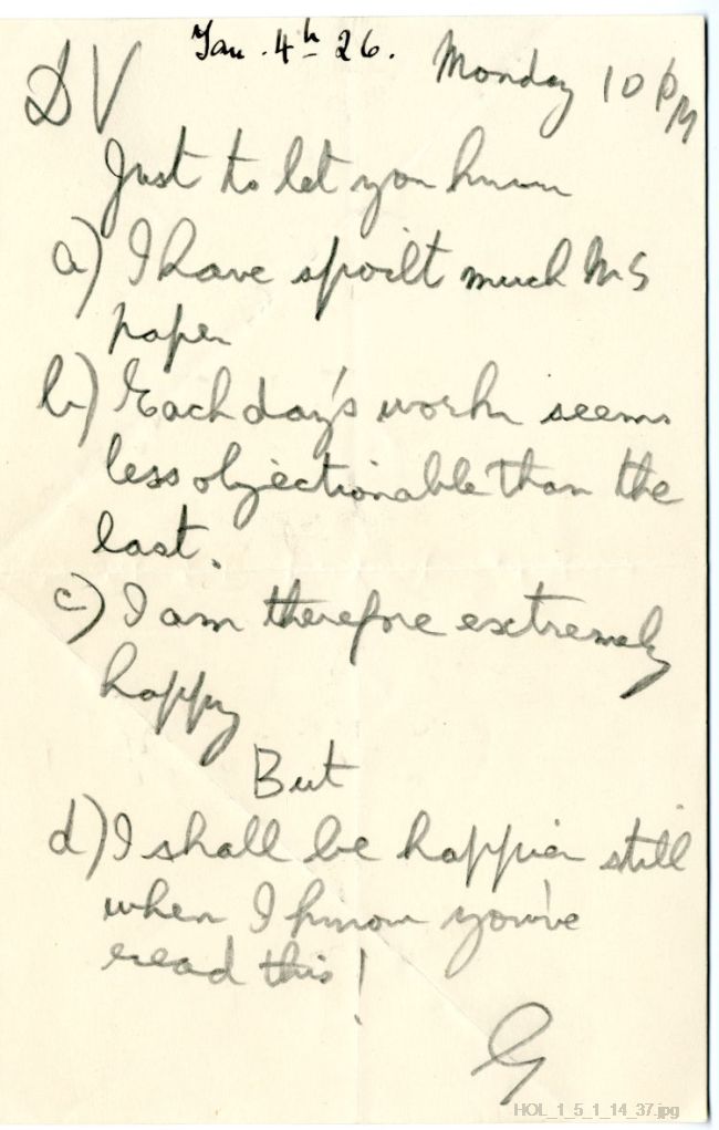 Letter from Gustav Holst to Vally Lasker