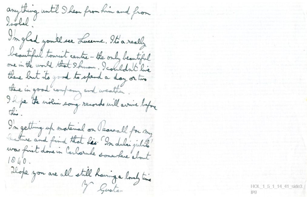 Letter from Gustav Holst to Vally Lasker