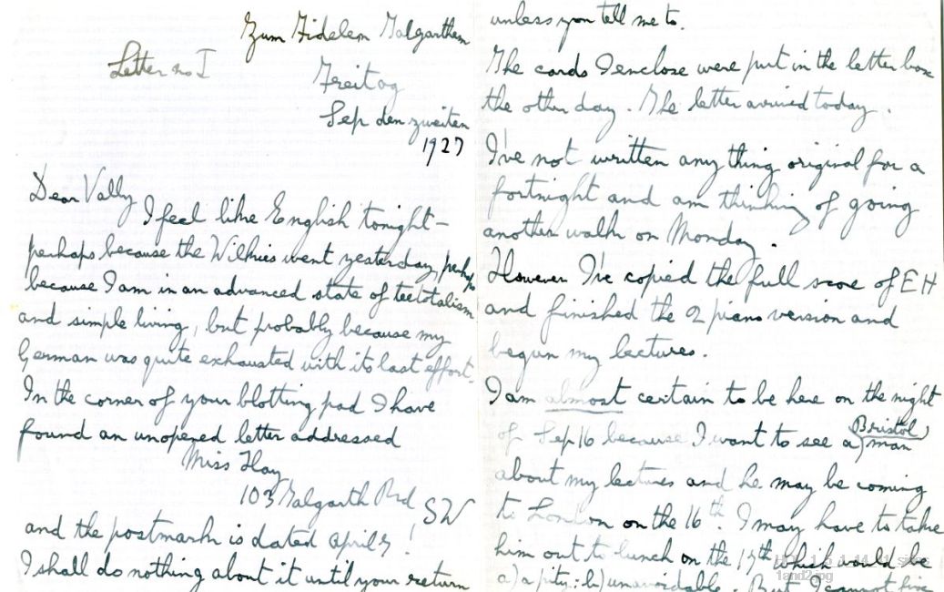 Letter from Gustav Holst to Vally Lasker