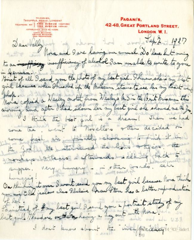Letter from Gustav Holst and Nora Day to Vally Lasker