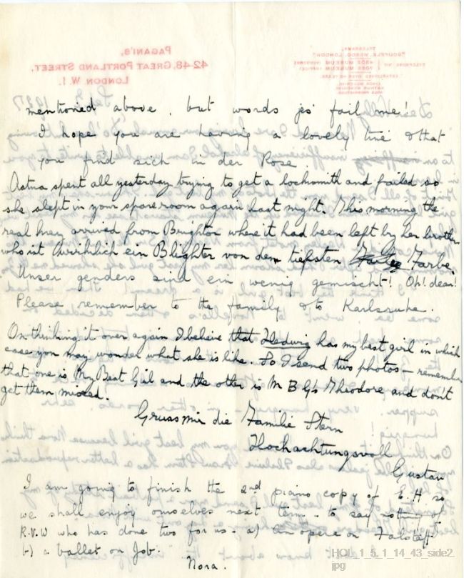 Letter from Gustav Holst and Nora Day to Vally Lasker