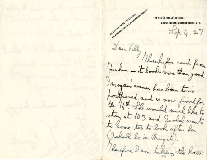 Letter from Gustav Holst to Vally Lasker