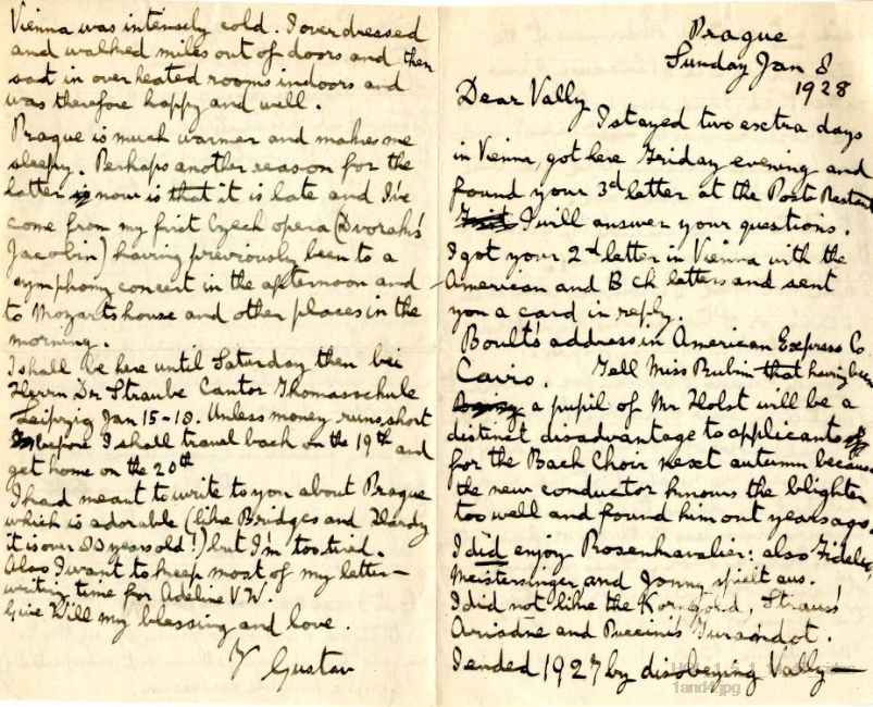 Letter from Gustav Holst to Vally Lasker