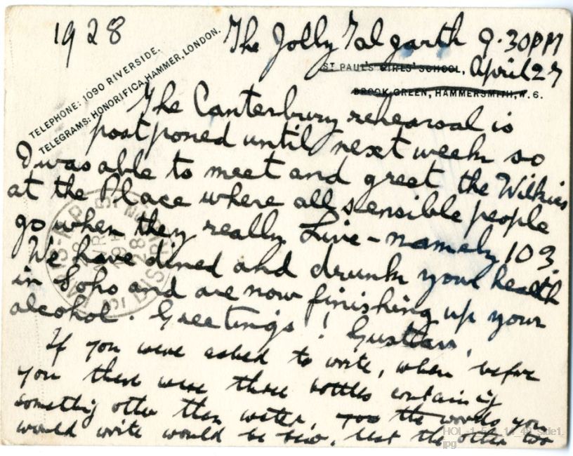 Letter from Gustav Holst to Vally Lasker