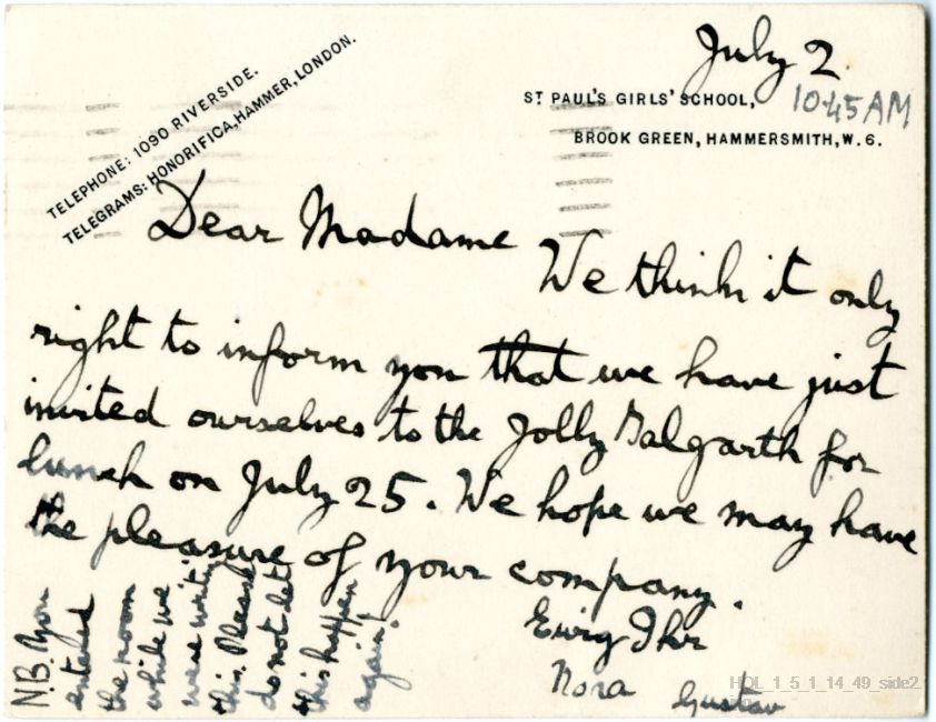 Letter from Gustav Holst to Vally Lasker