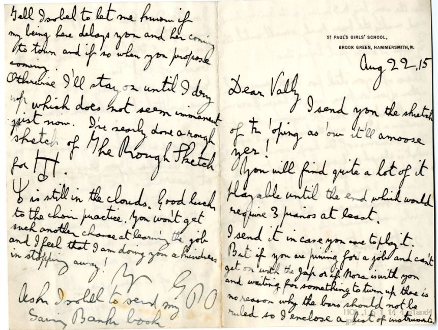 Letter from Gustav Holst to Vally Lasker