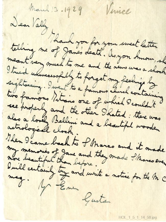 Letter from Gustav Holst to Vally Lasker