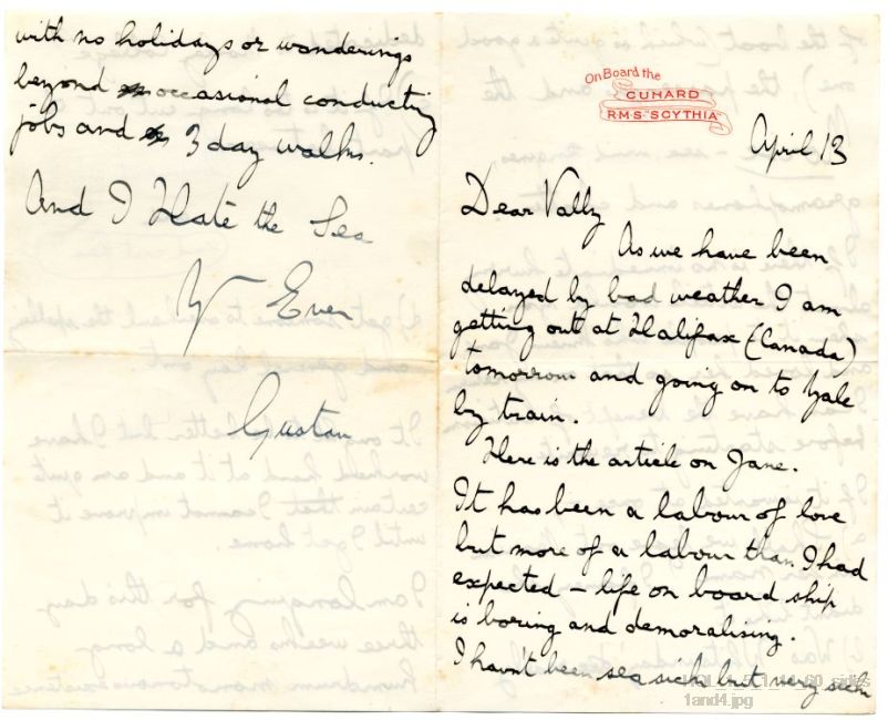 Letter from Gustav Holst to Vally Lasker