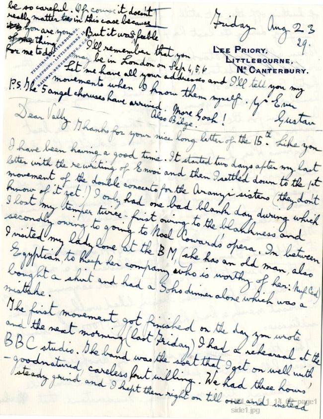 Letter from Gustav Holst to Vally Lasker