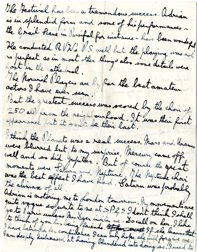 Letter from Gustav Holst to Vally Lasker