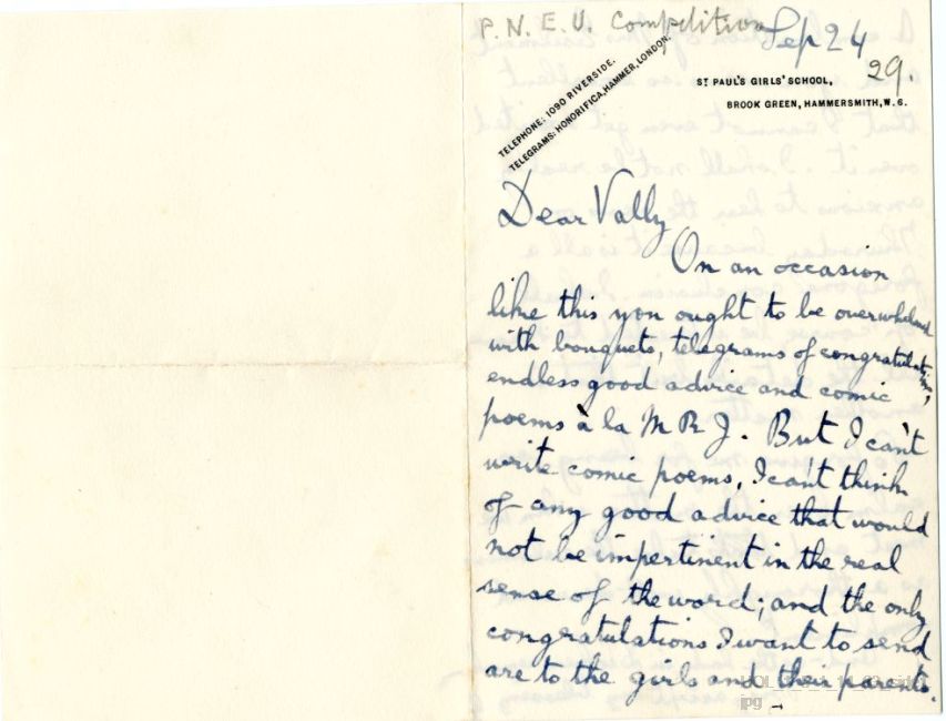 Letter from Gustav Holst to Vally Lasker