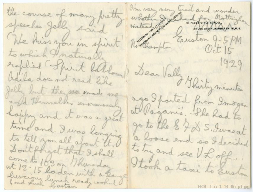 Letter from Gustav Holst to Vally Lasker