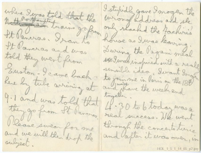 Letter from Gustav Holst to Vally Lasker