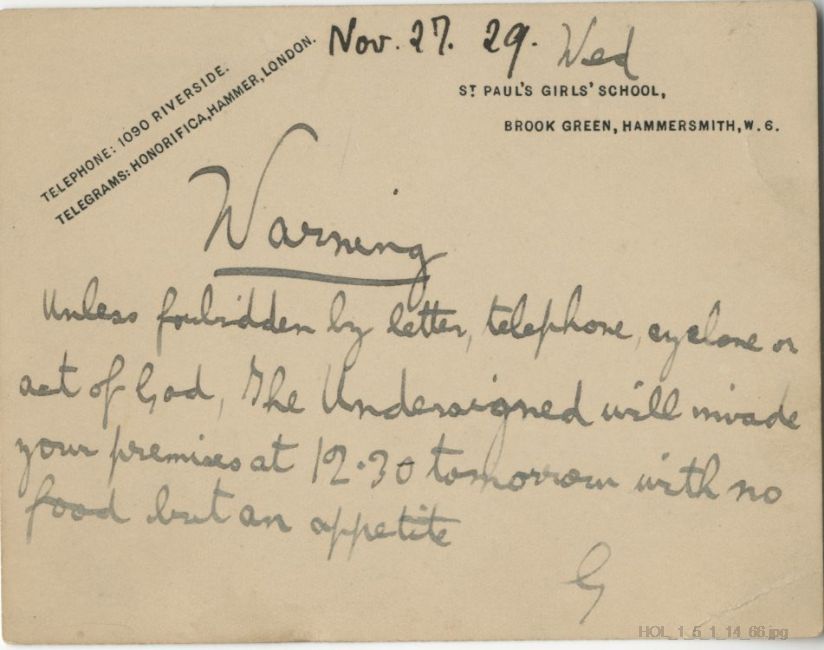 Letter from Gustav Holst to Vally Lasker