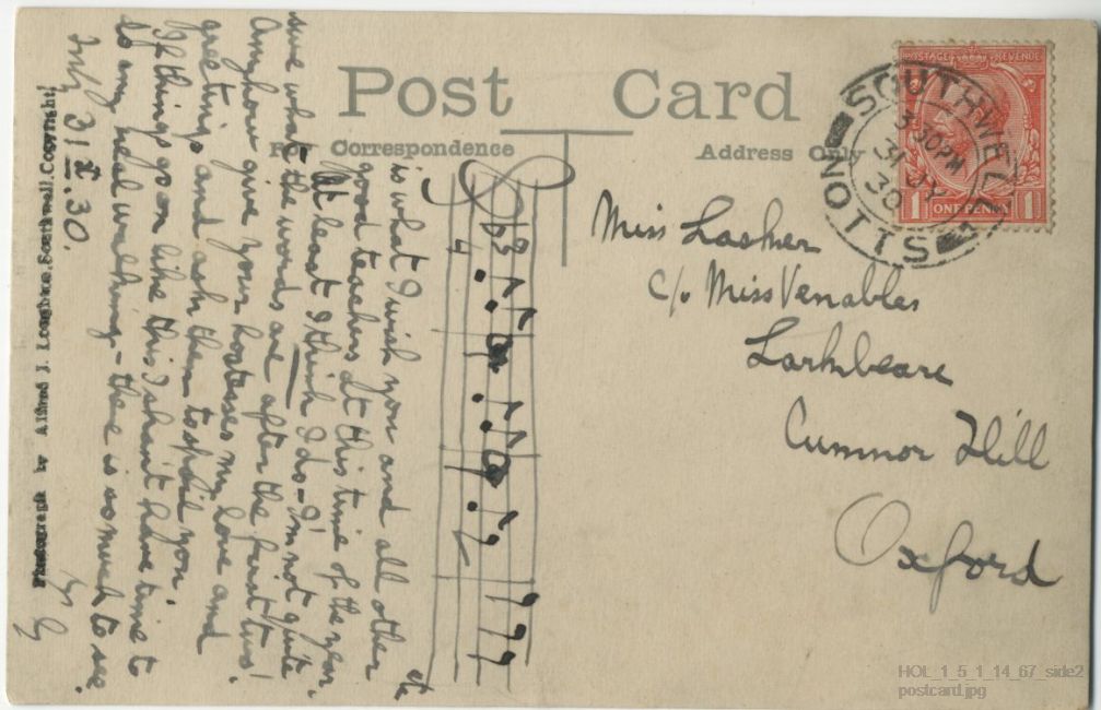 Postcard from Gustav Holst to Vally Lasker