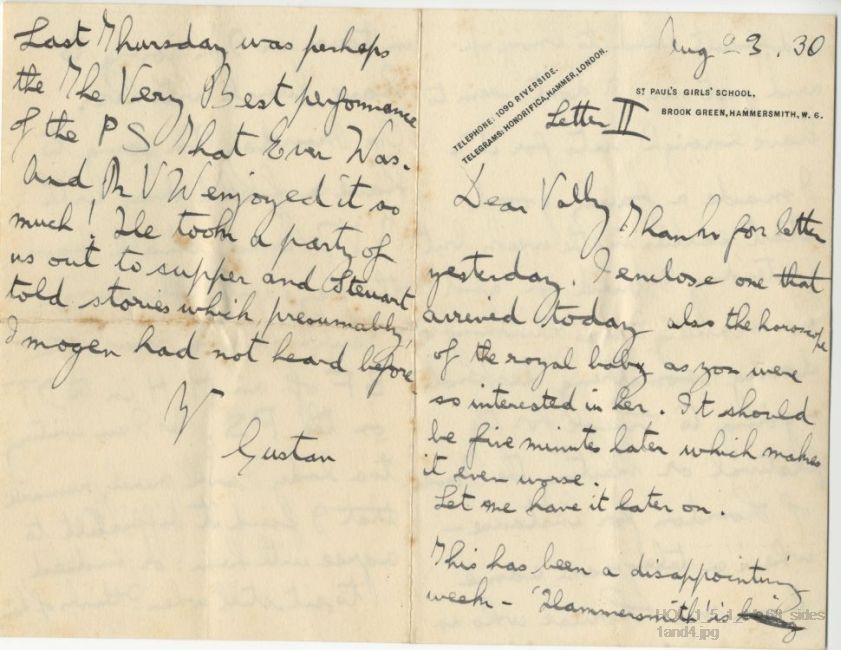 Letter from Gustav Holst to Vally Lasker