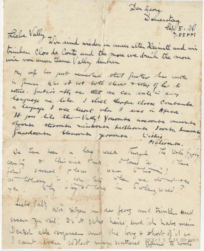 Letter from Gustav Holst and Isobel Holst to Vally Lasker