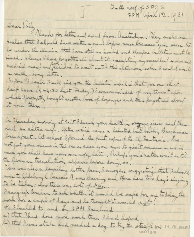Letter from Gustav Holst to Vally Lasker