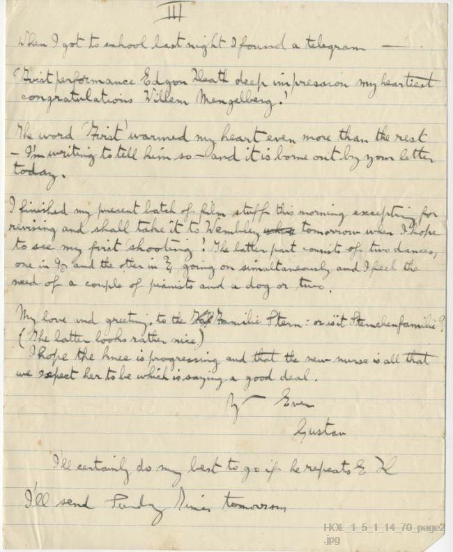 Letter from Gustav Holst to Vally Lasker