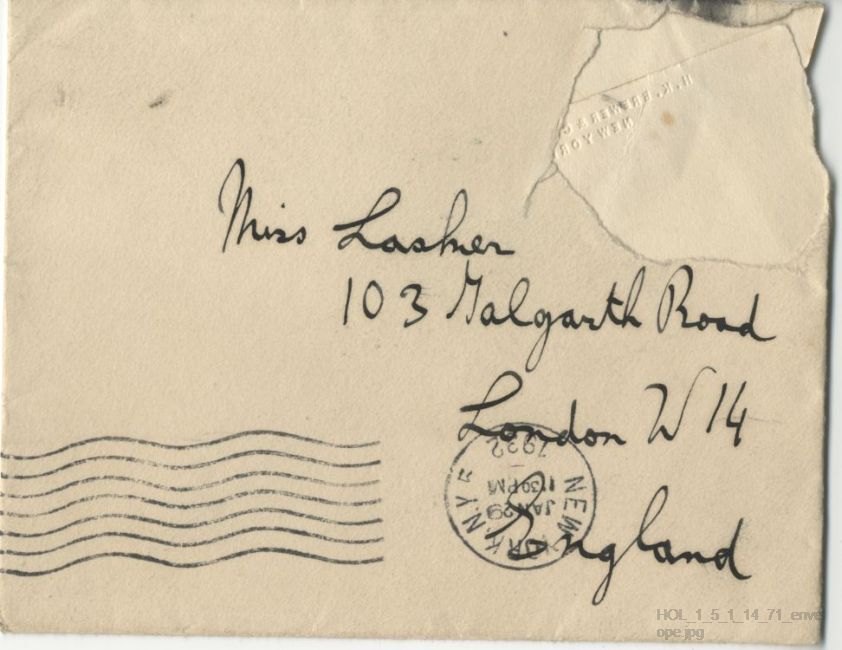 Letter from Gustav Holst to Vally Lasker