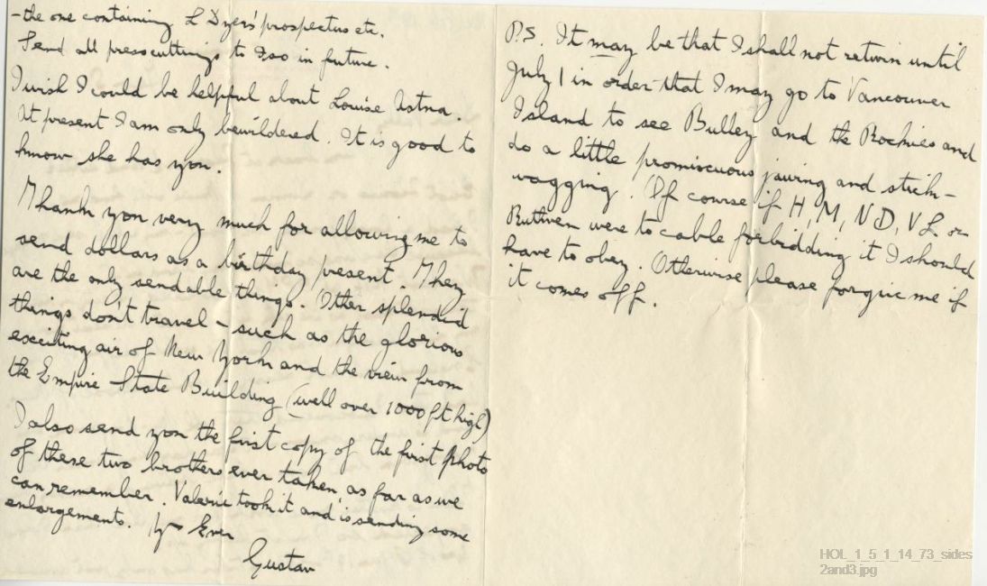 Letter from Gustav Holst to Vally Lasker