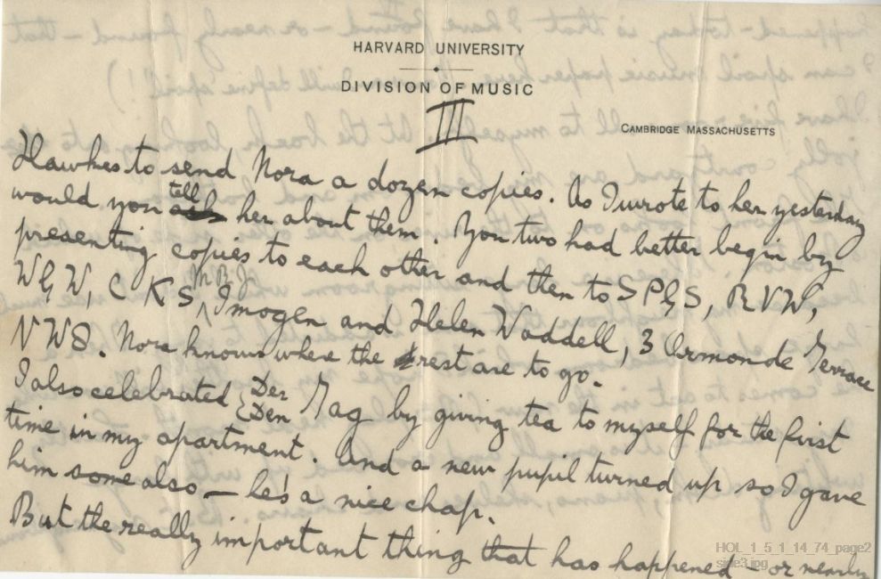 Letter from Gustav Holst to Vally Lasker