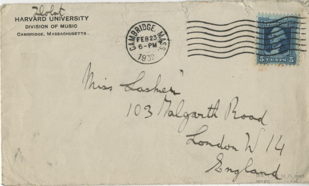 Letter from Gustav Holst to Vally Lasker