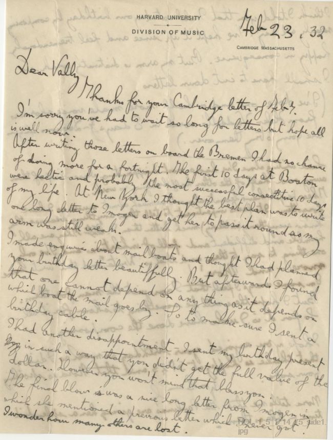 Letter from Gustav Holst to Vally Lasker
