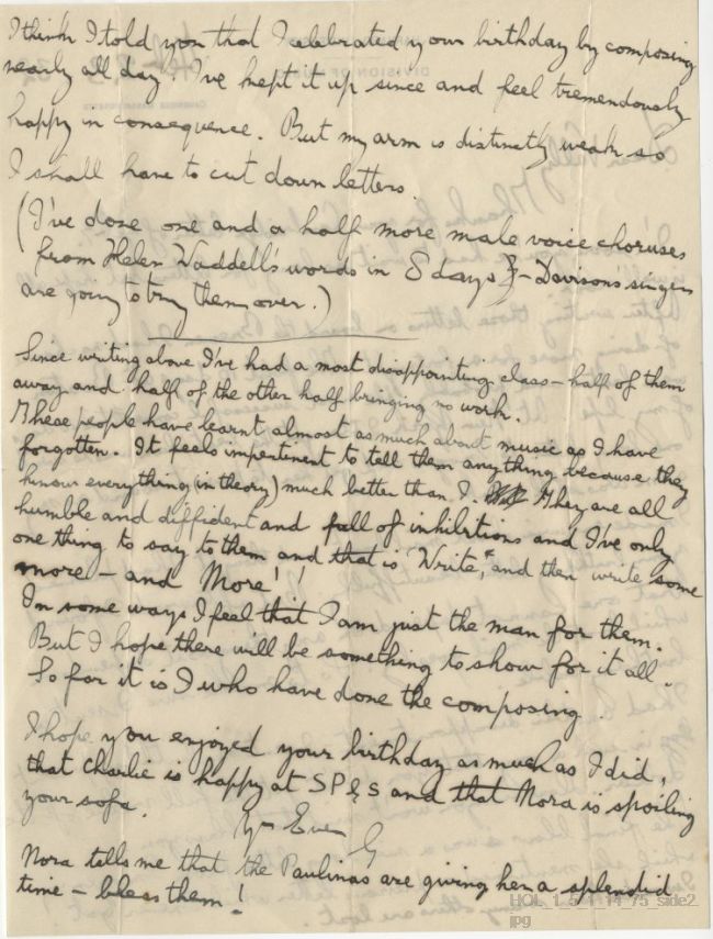 Letter from Gustav Holst to Vally Lasker