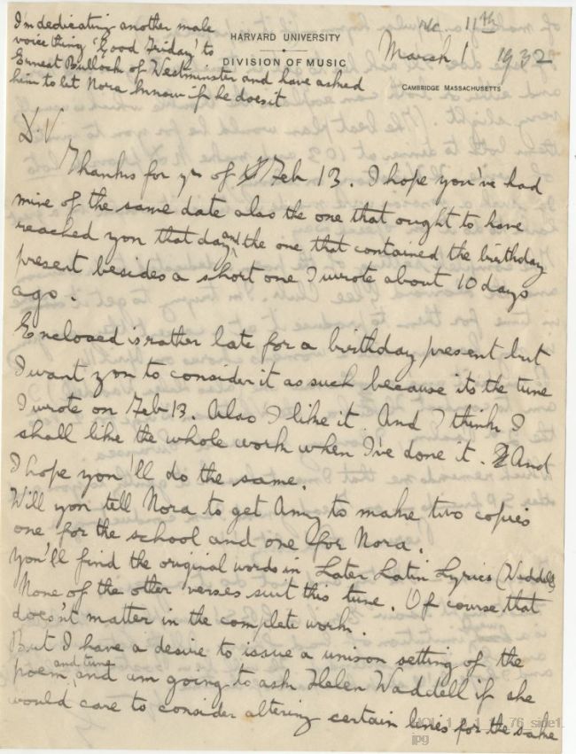 Letter from Gutsav Holst to Vally Lasker