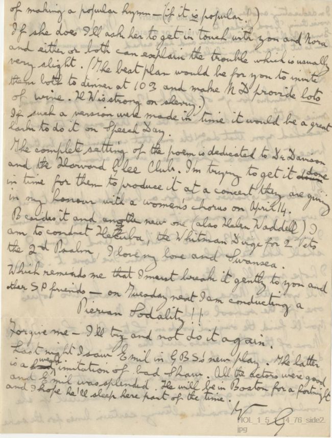 Letter from Gutsav Holst to Vally Lasker