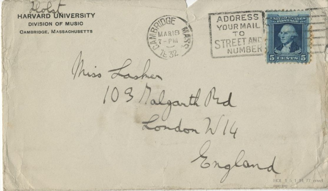 Letter from Gustav Holst to Vally Lasker