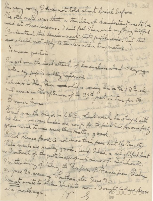 Letter from Gustav Holst to Vally Lasker