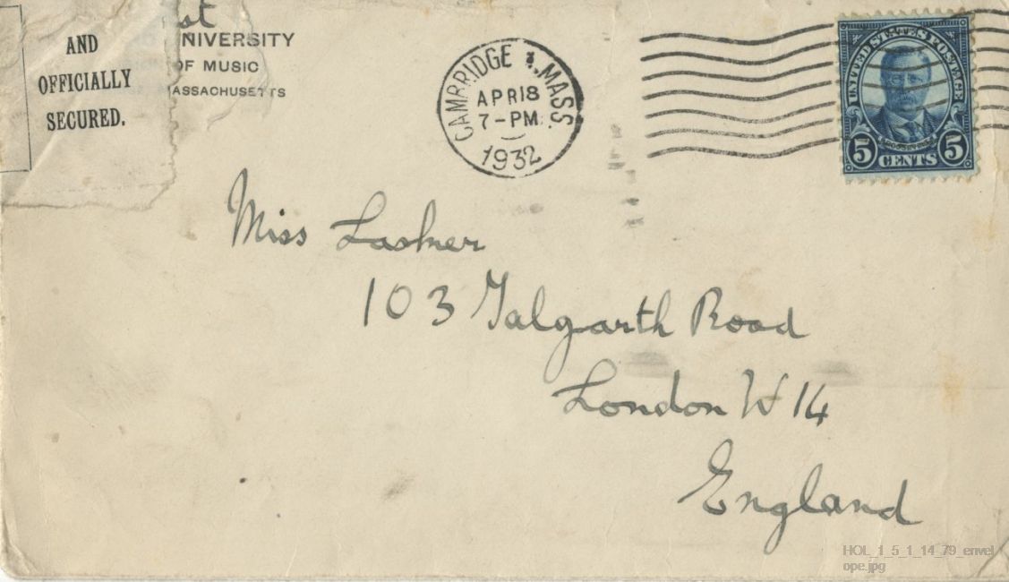 Letter from Gustav Holst to Vally Lasker