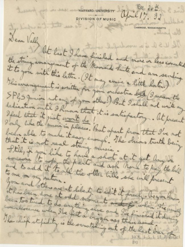 Letter from Gustav Holst to Vally Lasker