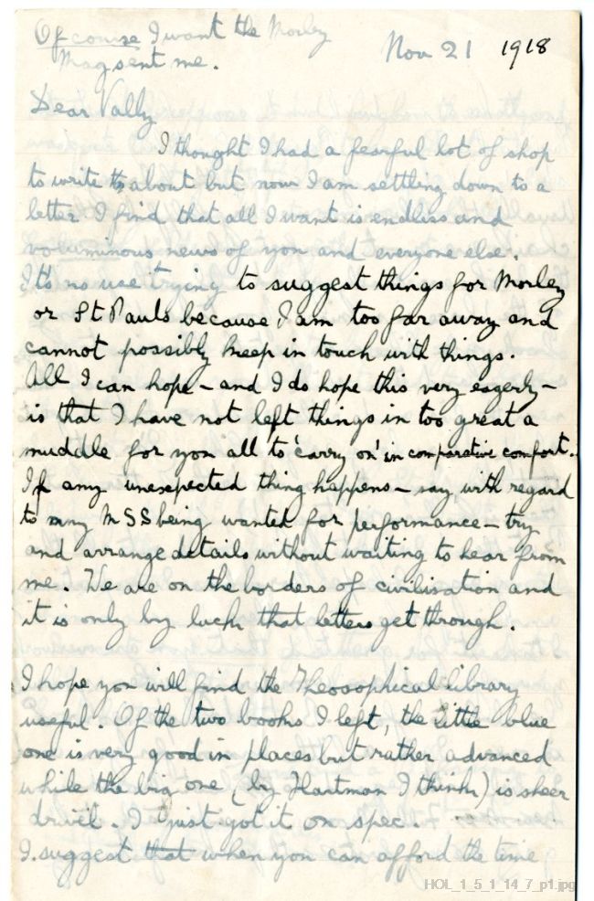 Letter from Gustav Holst to Vally Lasker