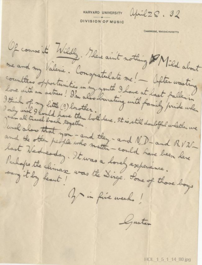Letter from Gustav Holst to Vally Lasker